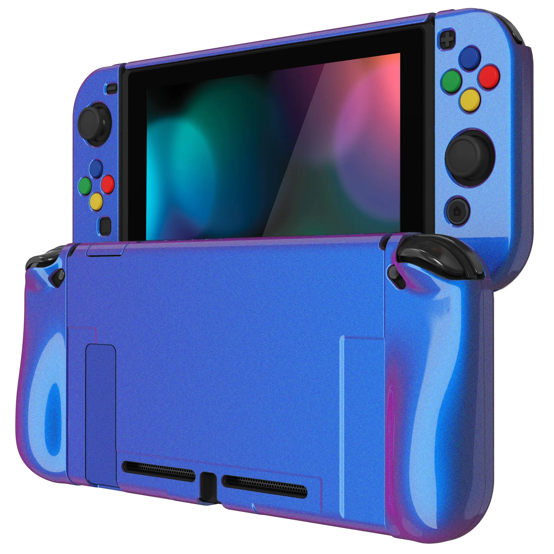 PlayVital AlterGrips Glossy Dockable Protective Case Ergonomic Grip Cover for Nintendo Switch, Interchangeable Joycon Cover w/Screen Protector & Thumb Grip Caps & Button Caps - Chameleon Purple Blue - TNSYP3001