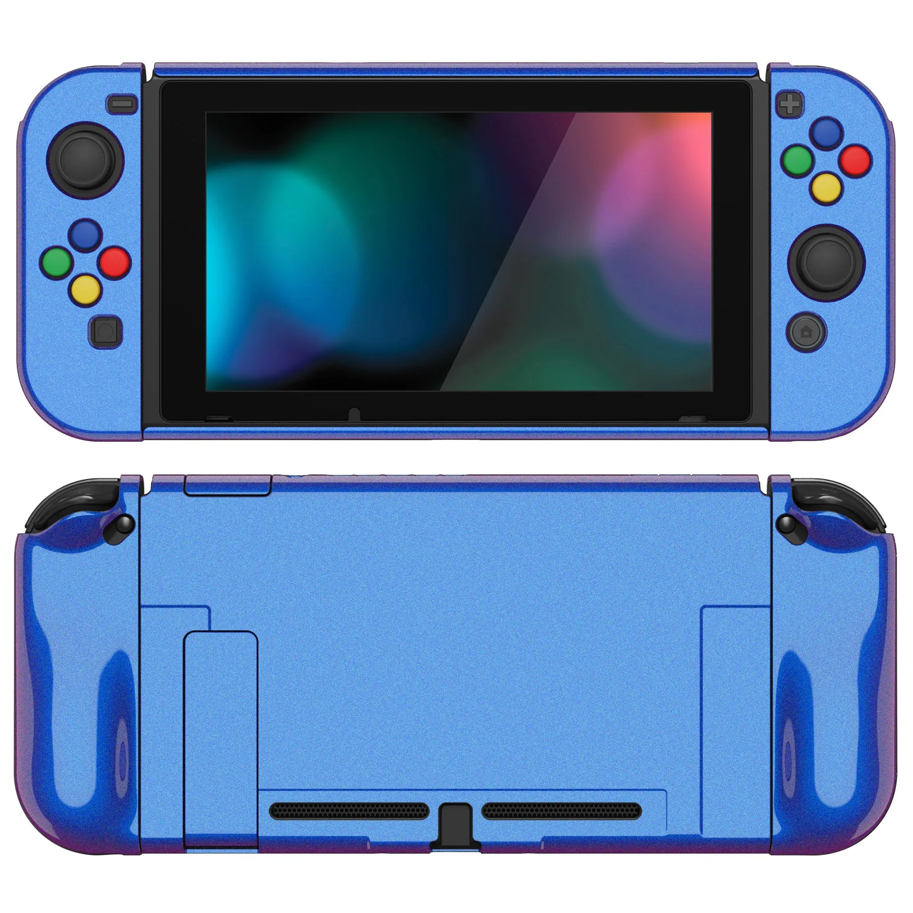 PlayVital AlterGrips Glossy Dockable Protective Case Ergonomic Grip Cover for Nintendo Switch, Interchangeable Joycon Cover w/Screen Protector & Thumb Grip Caps & Button Caps - Chameleon Purple Blue - TNSYP3001