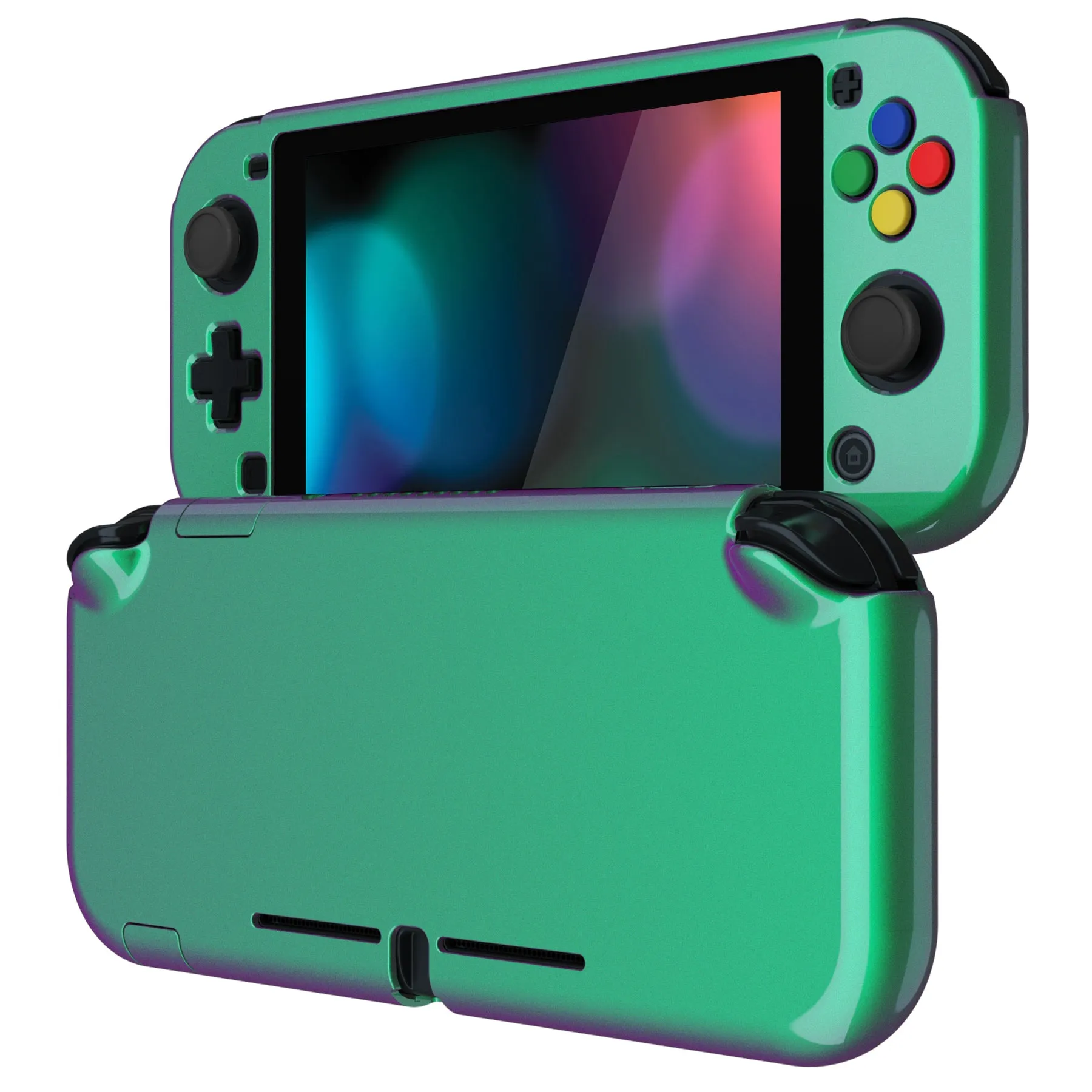 PlayVital Glossy Chameleon Green Purple Customized Protective Case for NS Switch Lite, Hard Cover Protector for NS Switch Lite - 1 x Black Border Tempered Glass Screen Protector Included - YYNLP002