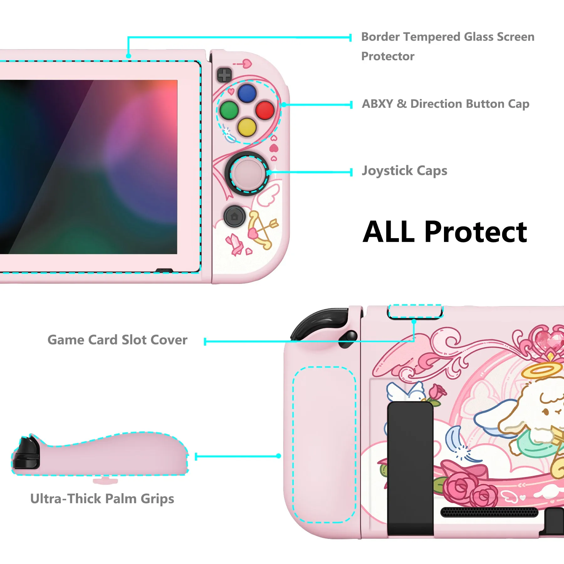 PlayVital ZealProtect Soft Protective Case for Nintendo Switch, Flexible Cover for Switch with Tempered Glass Screen Protector & Thumb Grips & ABXY Direction Button Caps - Intern Cupid - RNSYV6064