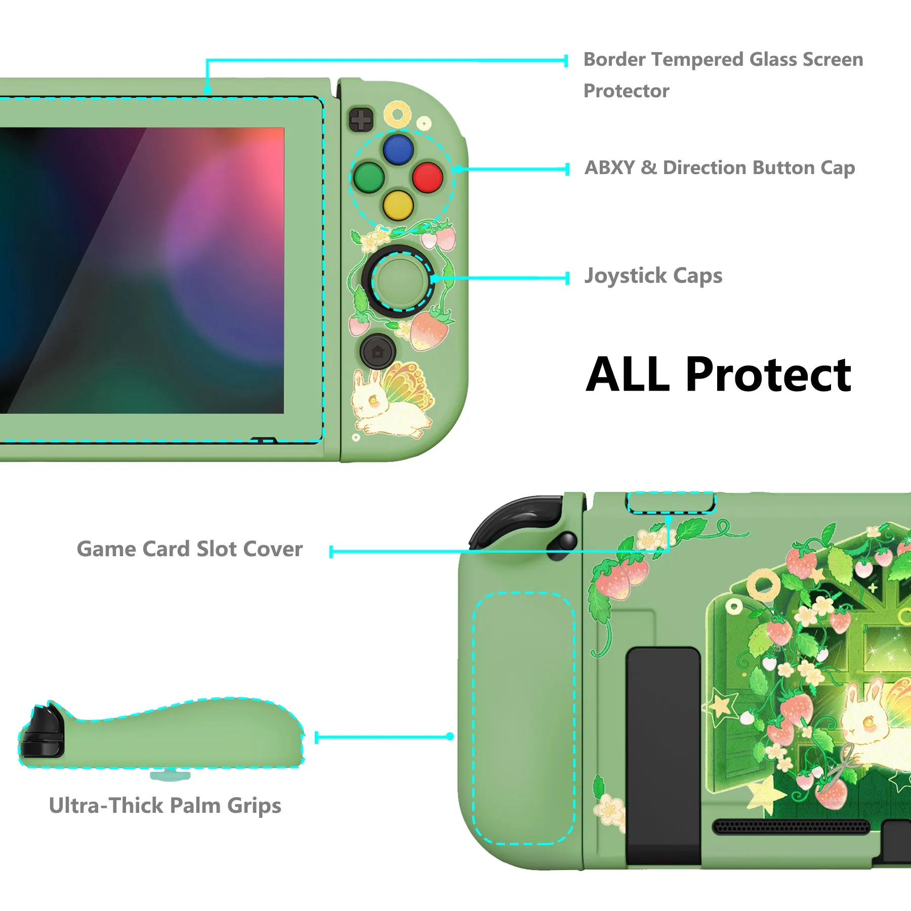 PlayVital ZealProtect Soft Protective Case for Nintendo Switch, Flexible Cover for Switch with Tempered Glass Screen Protector & Thumb Grips & ABXY Direction Button Caps - Strawberry Bunny - RNSYV6045