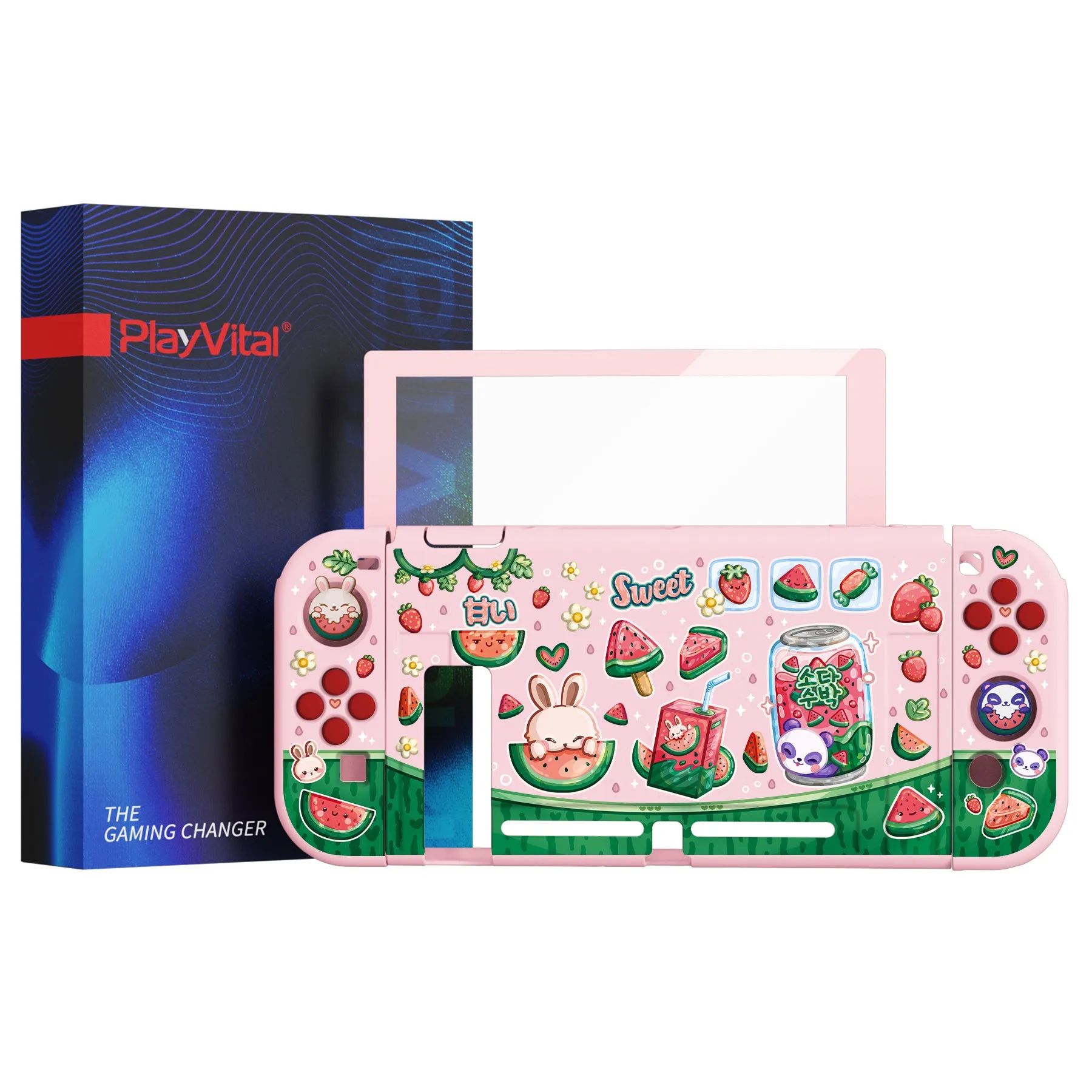 PlayVital ZealProtect Soft Protective Case for Nintendo Switch, Flexible Cover for Switch with Tempered Glass Screen Protector & Thumb Grips & ABXY Direction Button Caps - Watermelon Sweet Treats - RNSYV6043