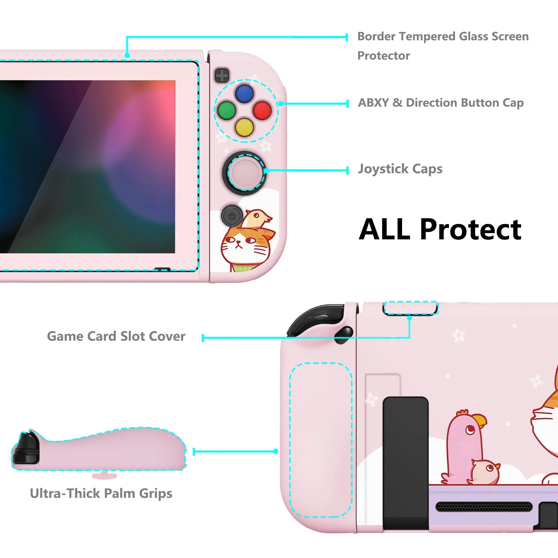 PlayVital ZealProtect Soft Protective Case for Nintendo Switch, Flexible Cover Protector for Nintendo Switch with Tempered Glass Screen Protector & Thumb Grip Caps & ABXY Direction Button Caps - Kitten & Chicken - RNSYV6008