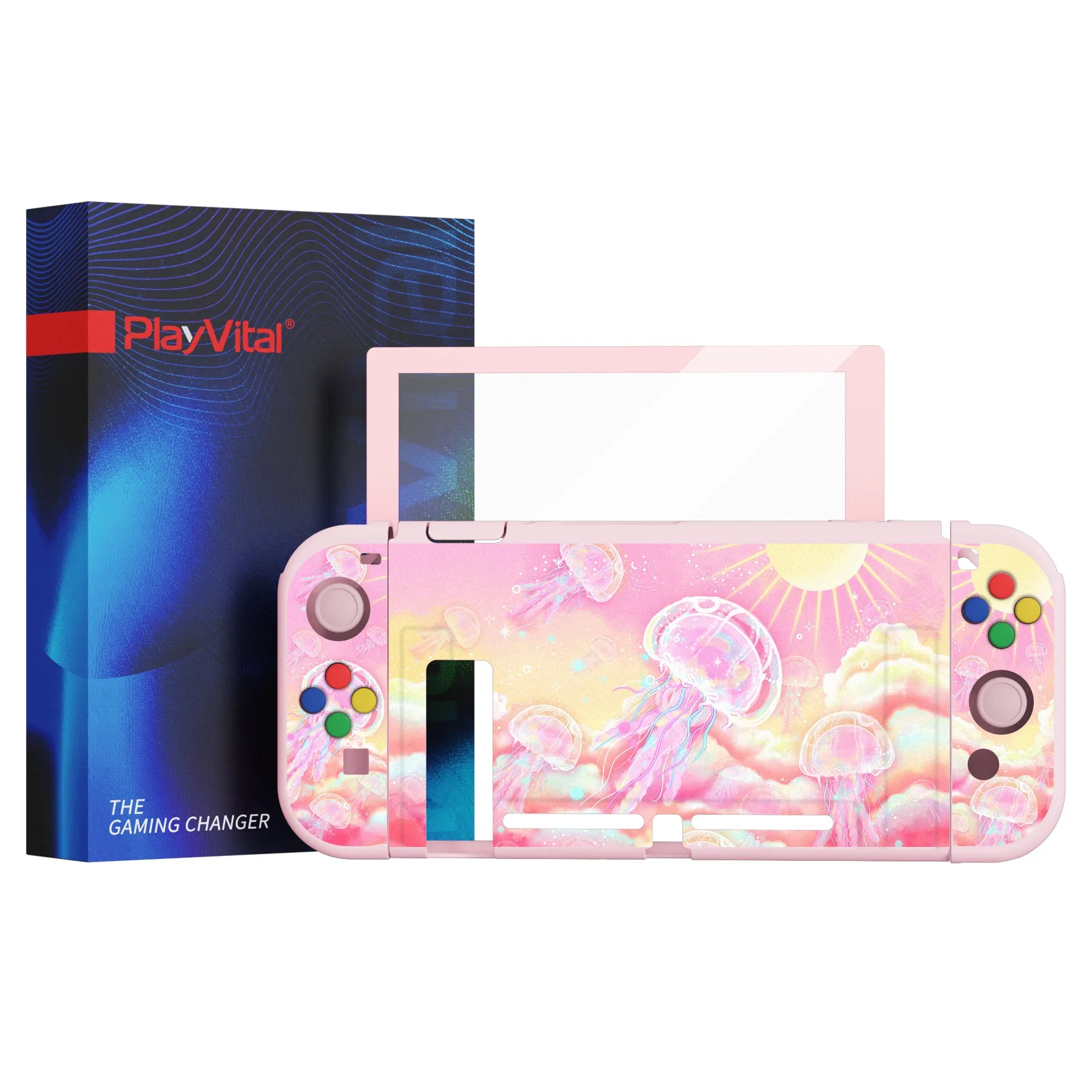 PlayVital ZealProtect Soft Protective Case for Nintendo Switch, Flexible Cover Protector for Nintendo Switch with Tempered Glass Screen Protector & Thumb Grip Caps & ABXY Direction Button Caps - Pinky Jellyfish Heaven - RNSYV6025