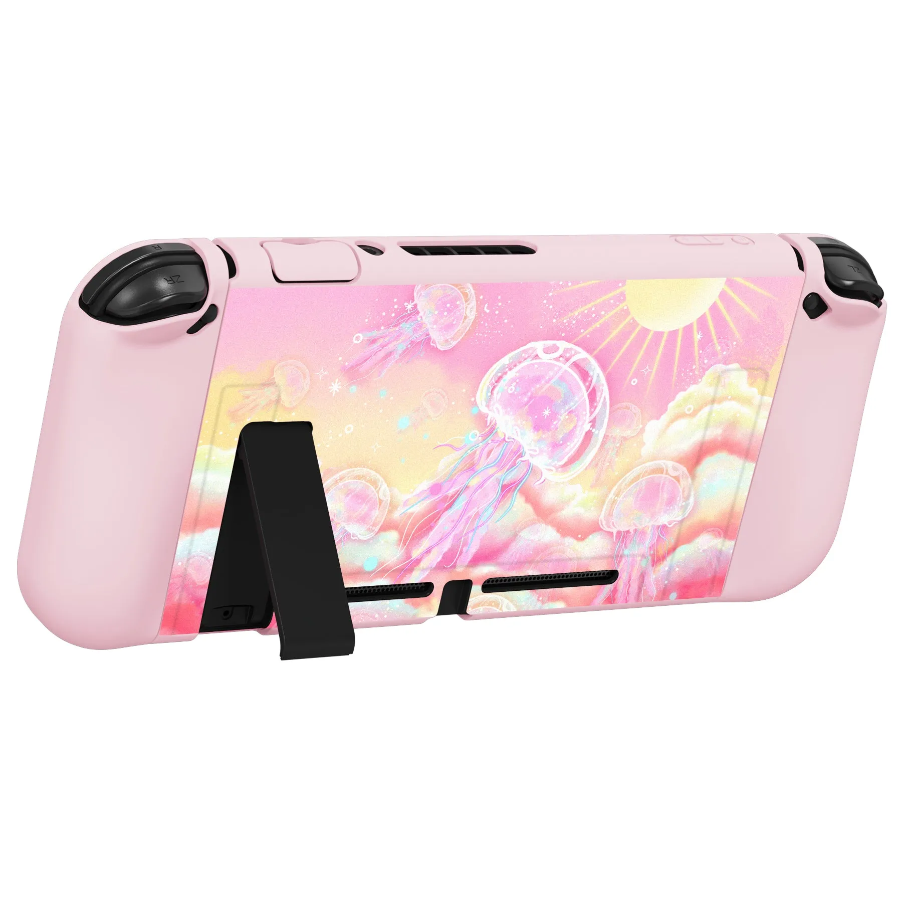 PlayVital ZealProtect Soft Protective Case for Nintendo Switch, Flexible Cover Protector for Nintendo Switch with Tempered Glass Screen Protector & Thumb Grip Caps & ABXY Direction Button Caps - Pinky Jellyfish Heaven - RNSYV6025