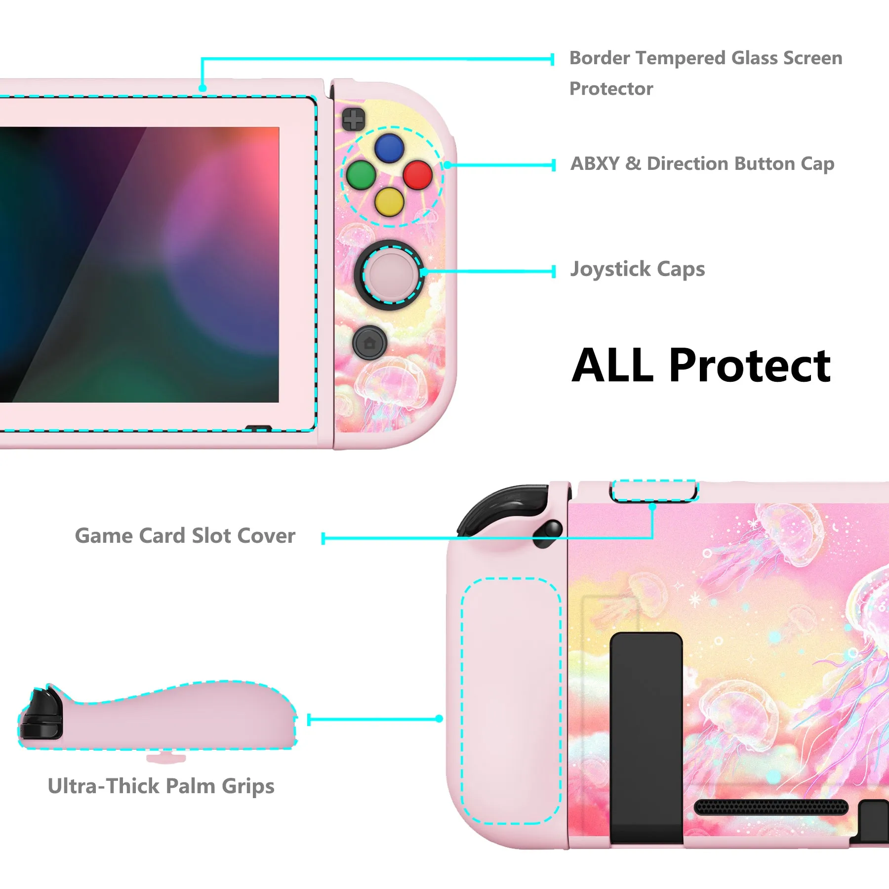 PlayVital ZealProtect Soft Protective Case for Nintendo Switch, Flexible Cover Protector for Nintendo Switch with Tempered Glass Screen Protector & Thumb Grip Caps & ABXY Direction Button Caps - Pinky Jellyfish Heaven - RNSYV6025