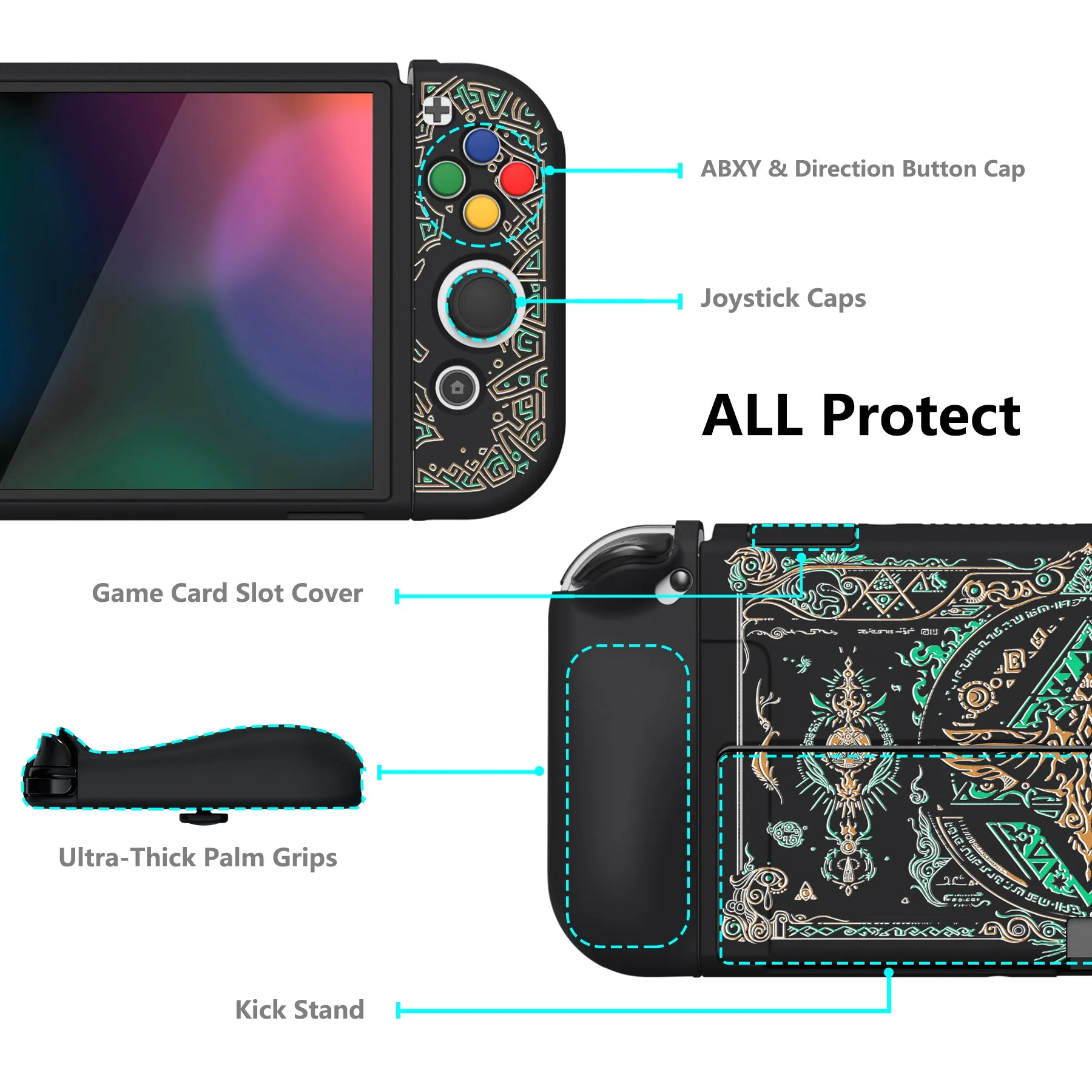 PlayVital ZealProtect Soft Protective Case for Switch OLED, Flexible Protector Joycon Grip Cover for Switch OLED with Thumb Grip Caps & ABXY Direction Button Caps - Totem of Kingdom - XSOYV6028