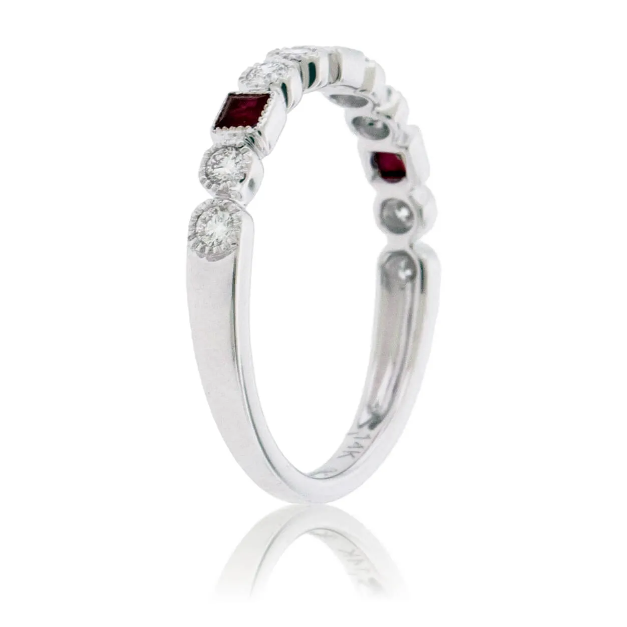 Princess Cut Ruby & Round Diamond Milgrain Style Stackable Band