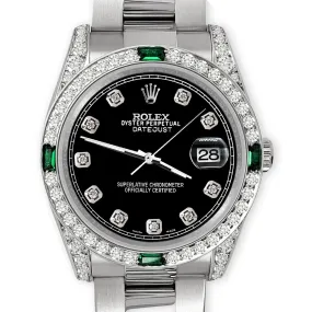 Rolex Datejust 36mm Steel Watch Diamond &amp; Emerald Bezel/Lugs/Black Diamond Dial TFJ-142508493