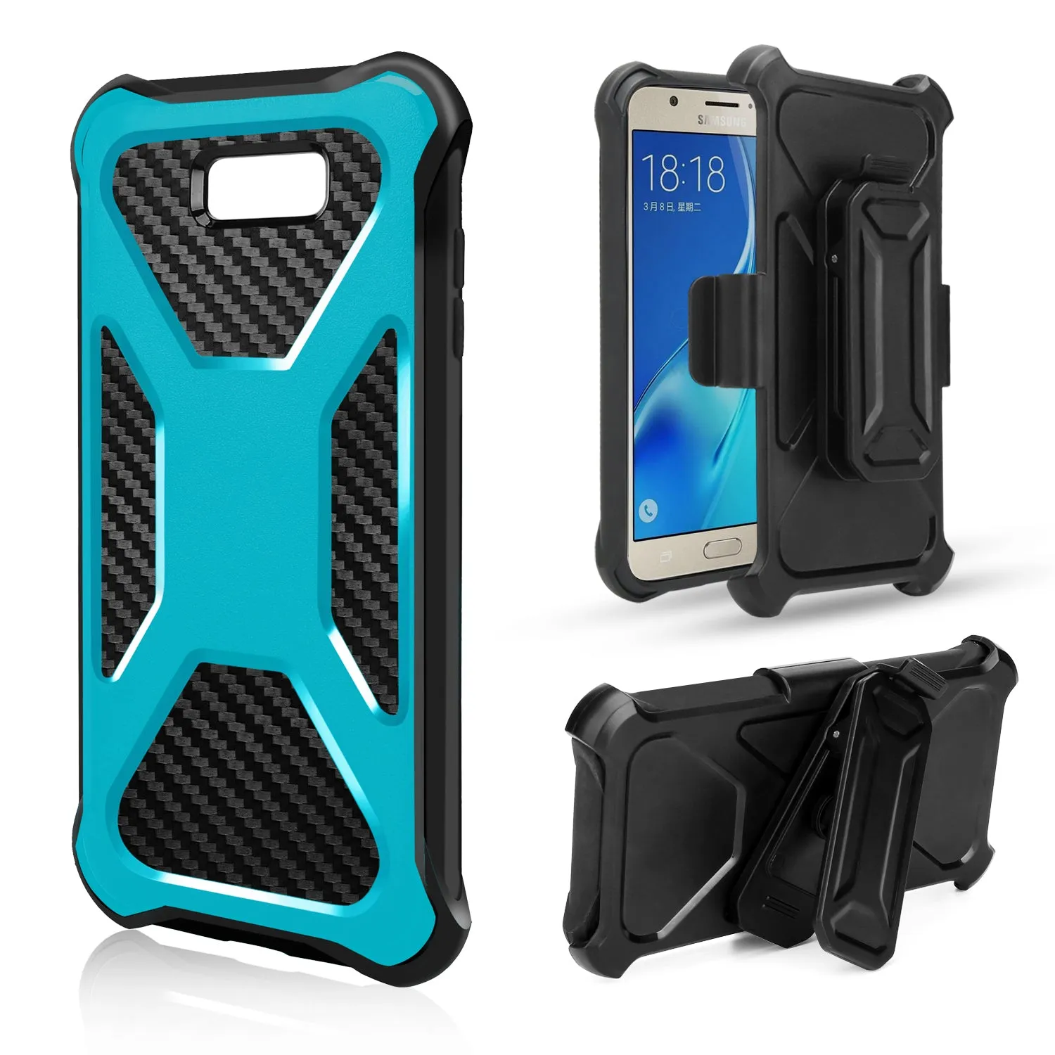 Samsung Galaxy J7 (2017) / J7 Sky Pro / J7 Perx / J7 V / J7 Prime / Galaxy Halo Case, Rugged Slim Rotating Swivel Lock Carbon Fiber Combo Clip Cover - Teal