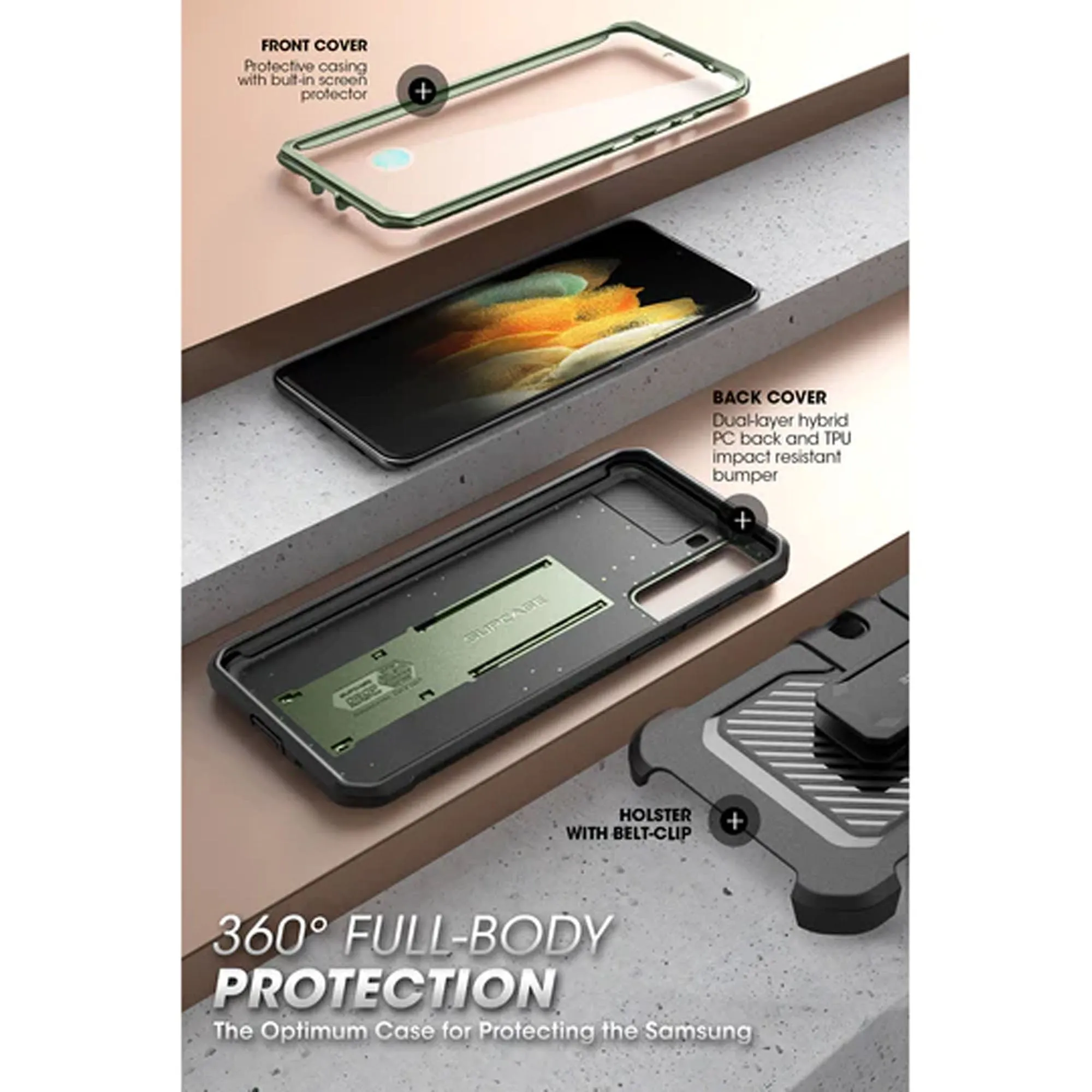 Supcase Unicorn Beetle Pro Rugged Case for Samsung Galaxy S21 FE with Built-in Screen Protector - Dark Green (Barcode: 843439113411 )