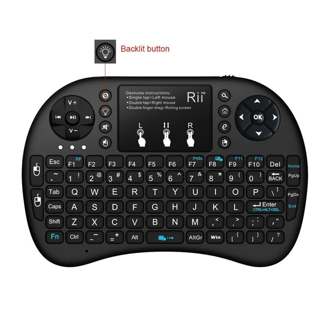 (Updated With Backlit) Rii i8  2.4GHz Mini Wireless Keyboard with Touchpad Mouse, LED Backlit, Rechargable Li-ion Battery, Soft Silicone Button, Raspberry Pi 2, MacOS, Linux, HTPC, Google Android TV Box, Windows XP Vista 7 8 10