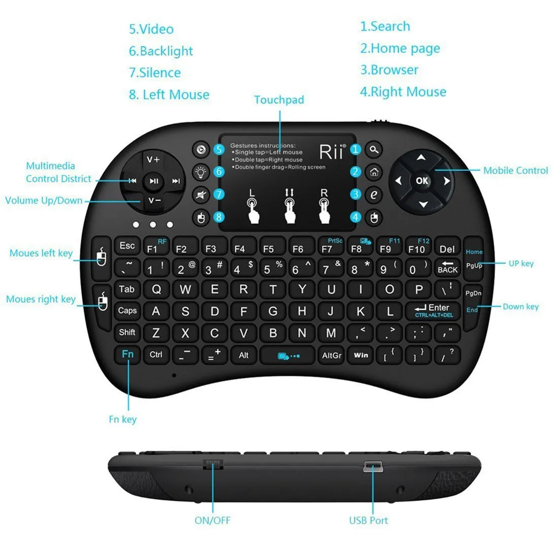 (Updated With Backlit) Rii i8  2.4GHz Mini Wireless Keyboard with Touchpad Mouse, LED Backlit, Rechargable Li-ion Battery, Soft Silicone Button, Raspberry Pi 2, MacOS, Linux, HTPC, Google Android TV Box, Windows XP Vista 7 8 10