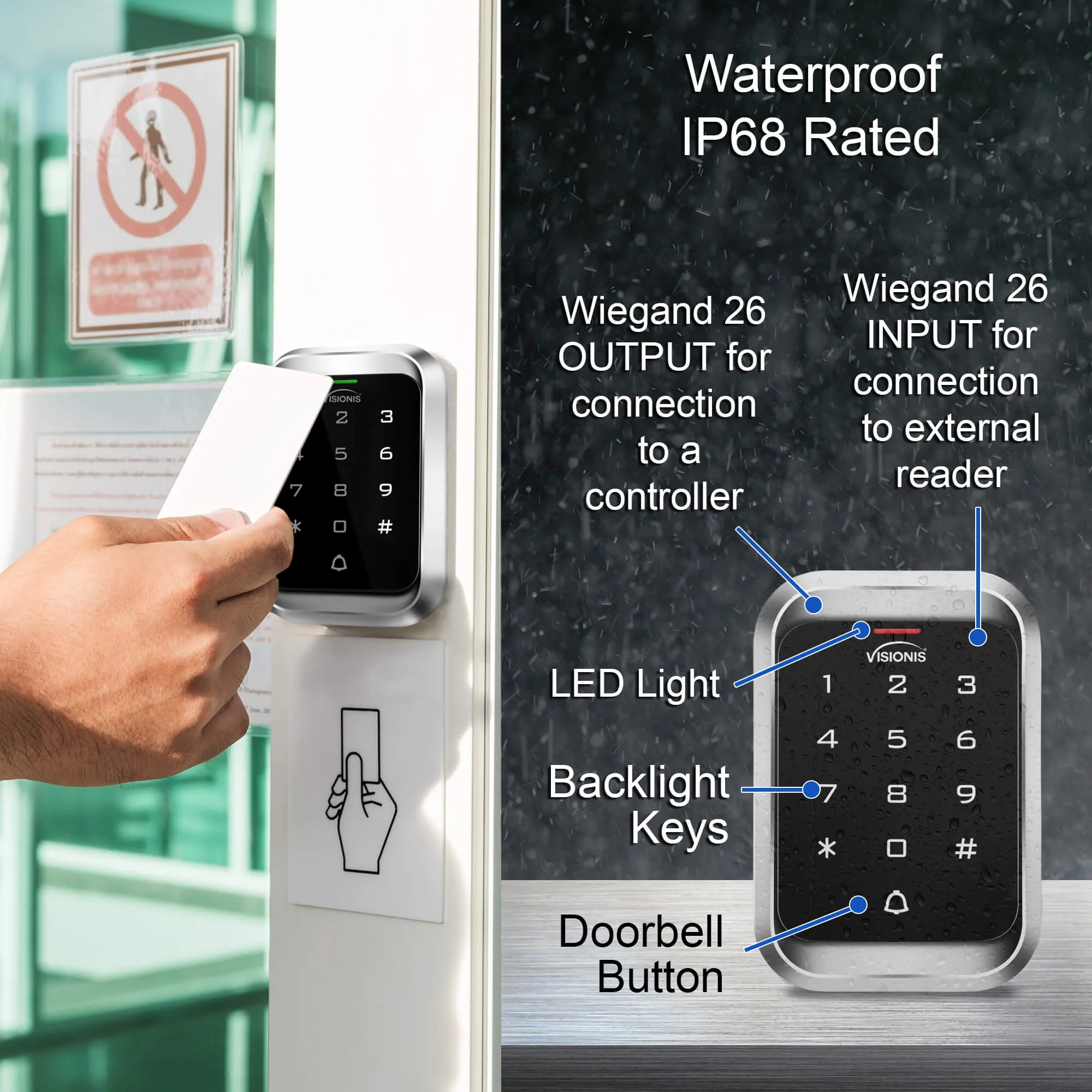 Visionis VIS-3000 - Access Control Indoor   Outdoor Rated IP68 Metal Digital Touch Keypad   Reader Standalone with Mini Controller   Wiegand 26, Wide Design, No Software, EM Cards, 1000 Users