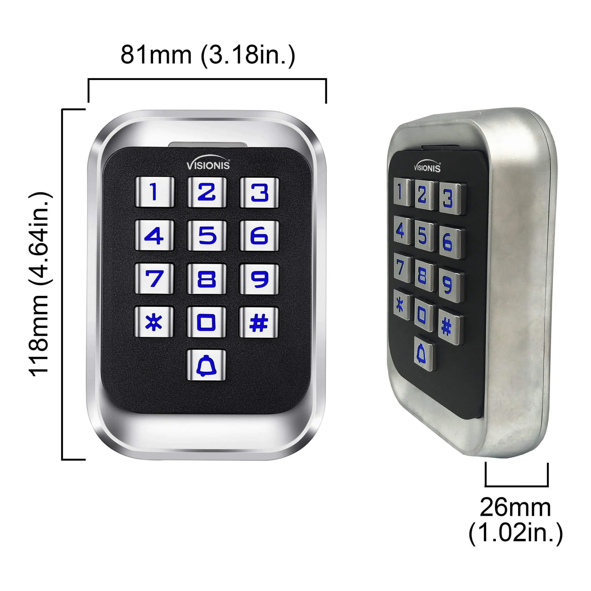 Visionis VIS-3004 - Access Control Indoor   Outdoor Rated IP68 Metal Anti Vandal Keypad   Reader Standalone with Mini Controller   Wiegand 26, Wide Design No Software EM Cards 1000 Users