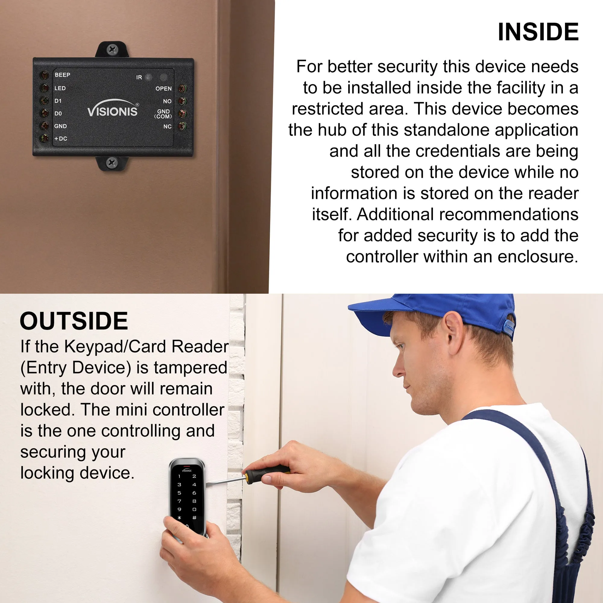 Visionis VIS-3008 - Access Control Black Outdoor IP68 Weatherproof Keypad and Card Reader Standalone with Mini Controller   Wiegand 26, No Software, Delay and On/Off Toggle Mode, EM Cards, 1000 Users