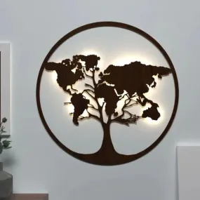 Walnut World Map Mdf Tree Backlit For Indoor Wall Decoration | 20 inches