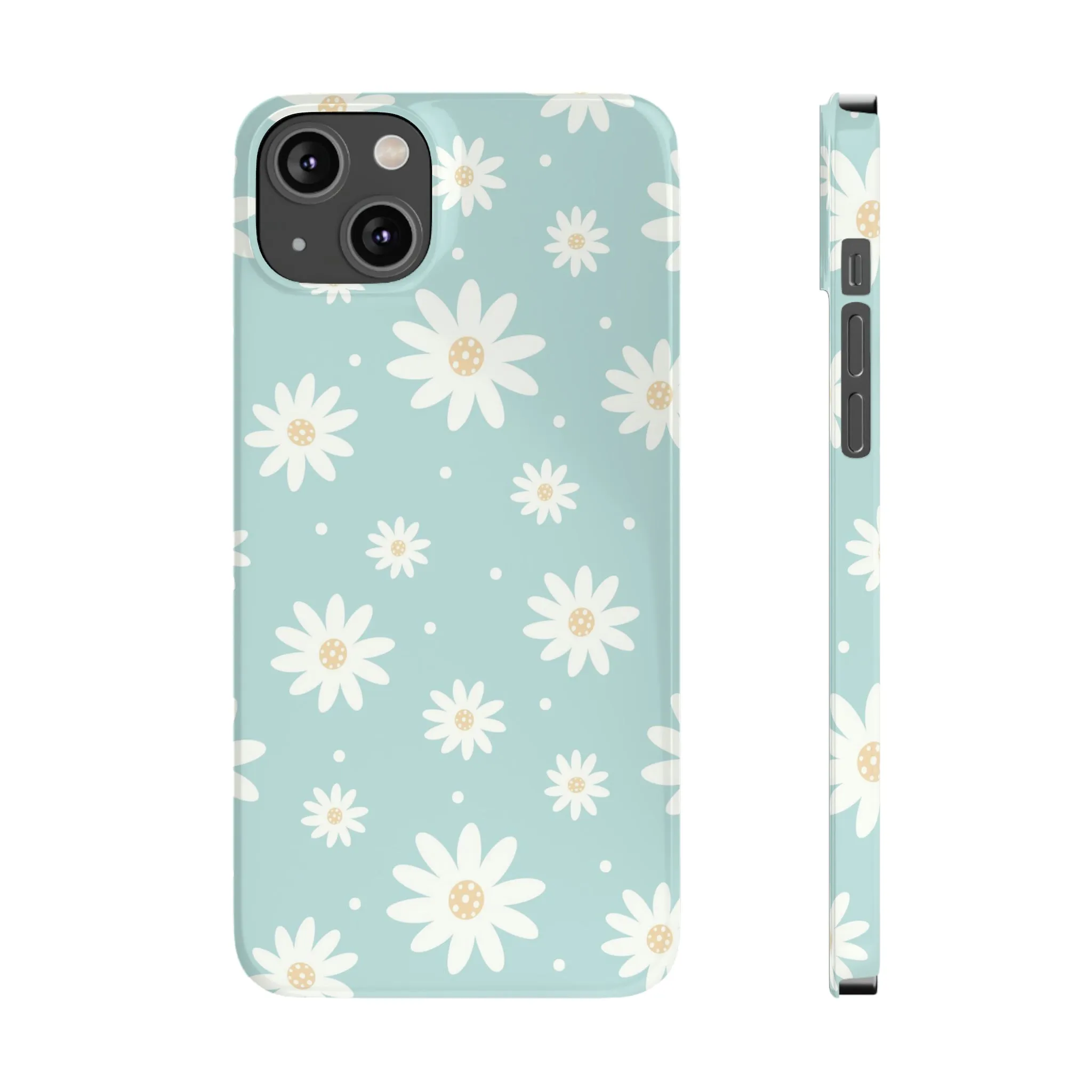 White Daisies and Blue background Design Sleek Elegance Wireless-Charging Compatible Phone Case Slim Phone Case compatible with over 20 iphone models