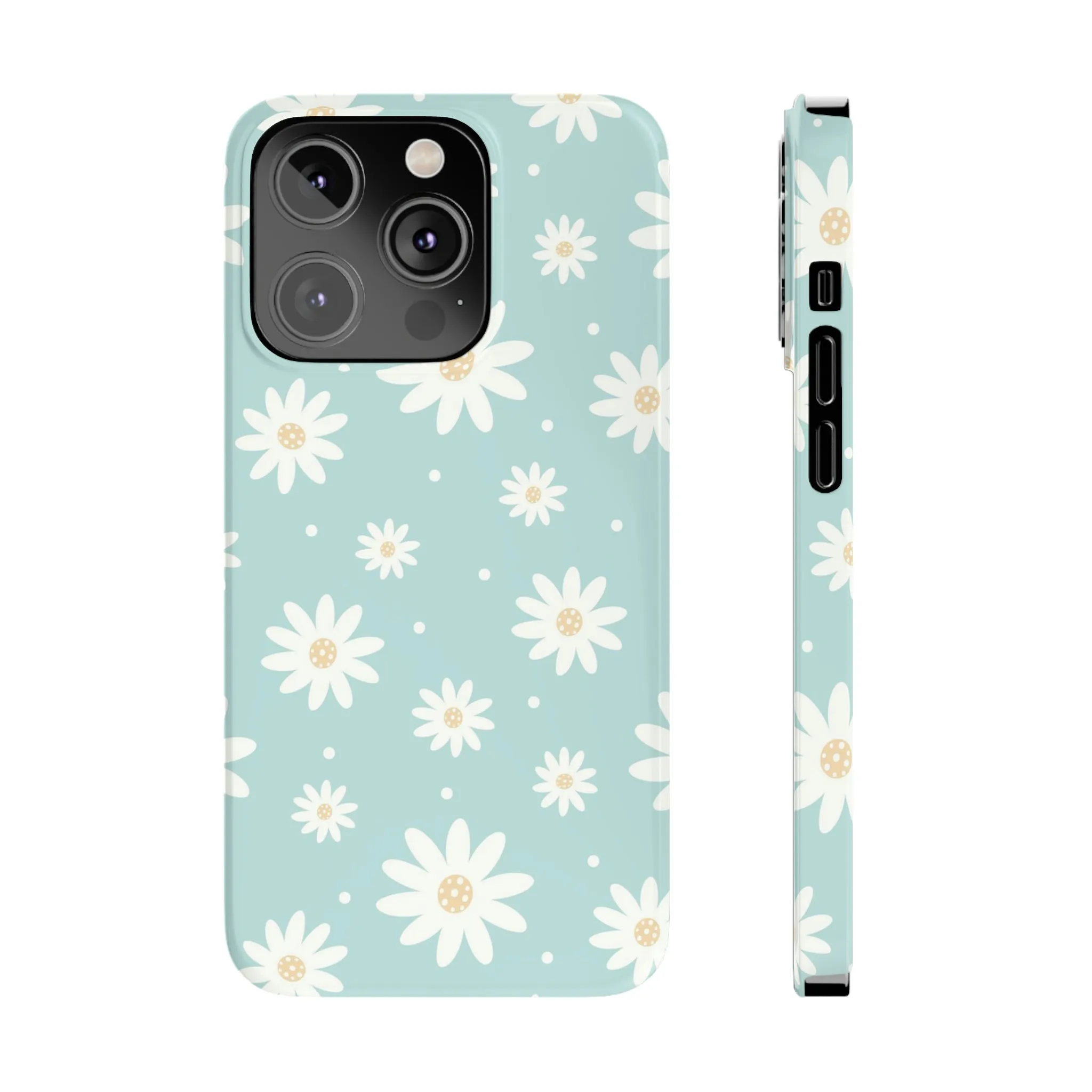 White Daisies and Blue background Design Sleek Elegance Wireless-Charging Compatible Phone Case Slim Phone Case compatible with over 20 iphone models