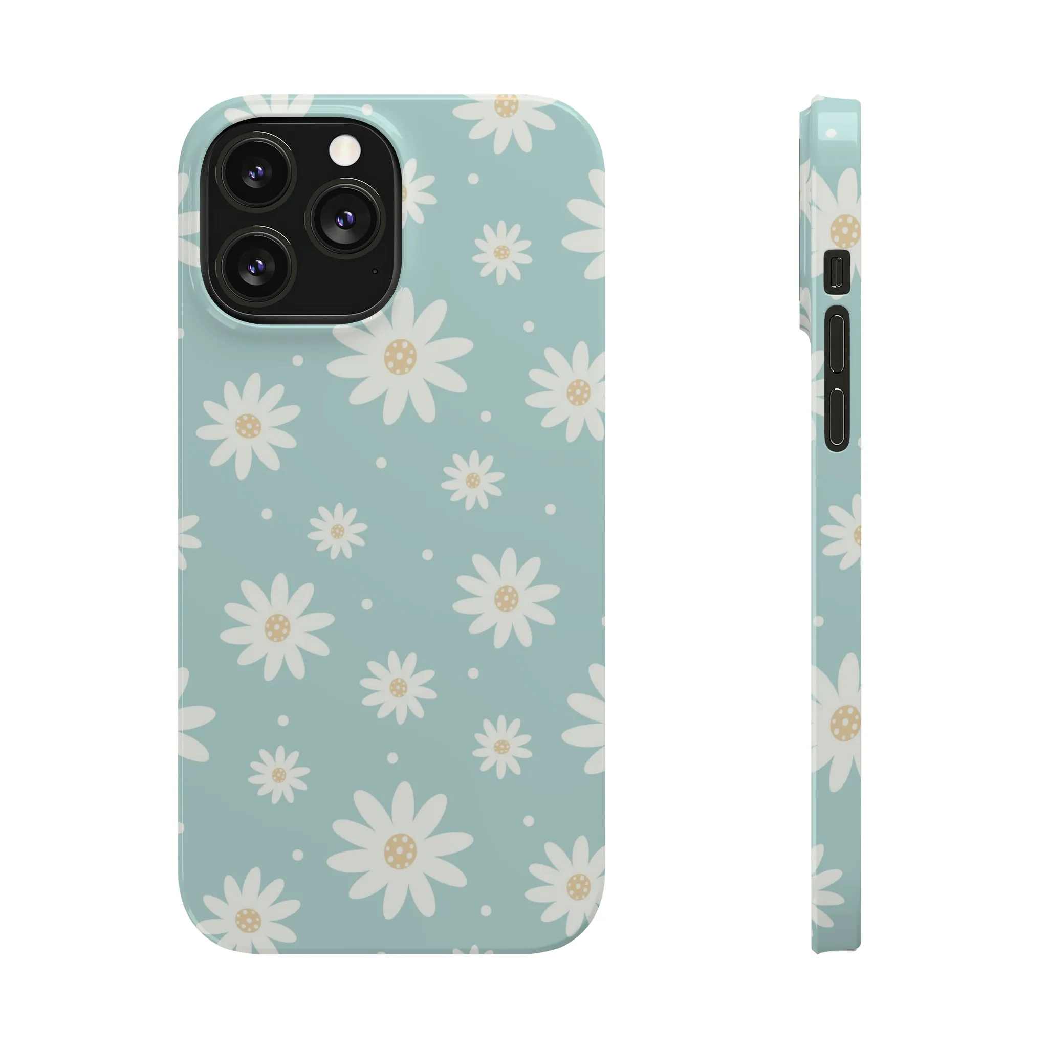 White Daisies and Blue background Design Sleek Elegance Wireless-Charging Compatible Phone Case Slim Phone Case compatible with over 20 iphone models