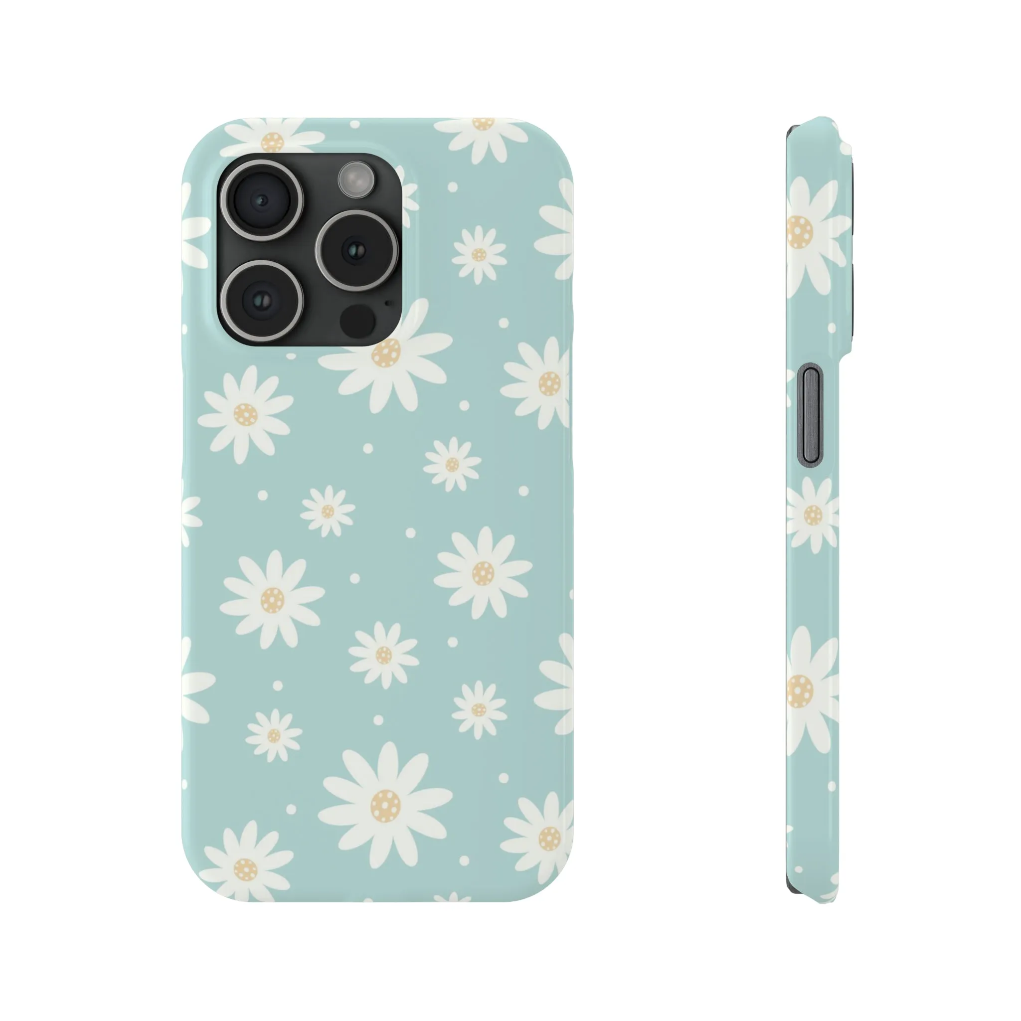 White Daisies and Blue background Design Sleek Elegance Wireless-Charging Compatible Phone Case Slim Phone Case compatible with over 20 iphone models