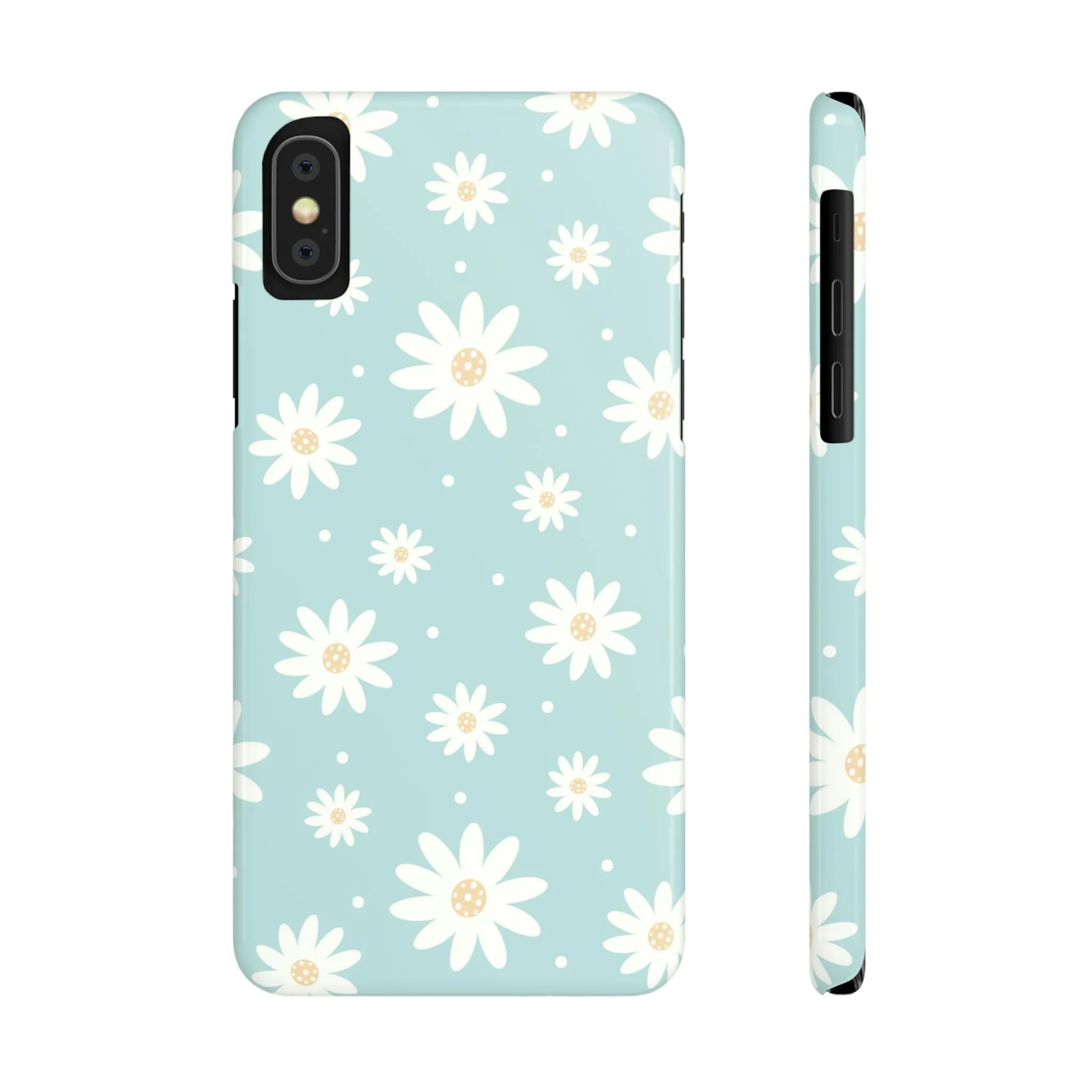 White Daisies and Blue background Design Sleek Elegance Wireless-Charging Compatible Phone Case Slim Phone Case compatible with over 20 iphone models