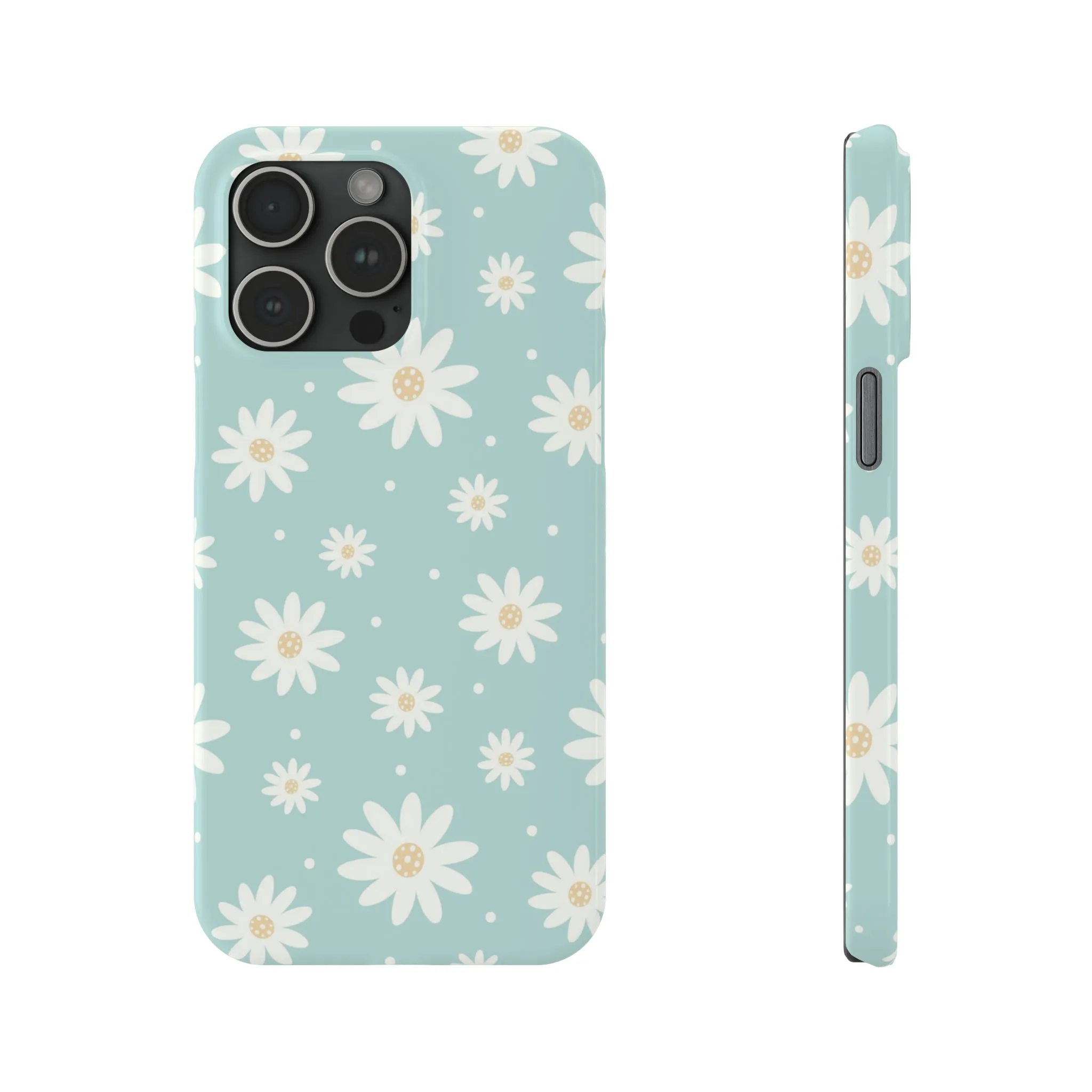 White Daisies and Blue background Design Sleek Elegance Wireless-Charging Compatible Phone Case Slim Phone Case compatible with over 20 iphone models