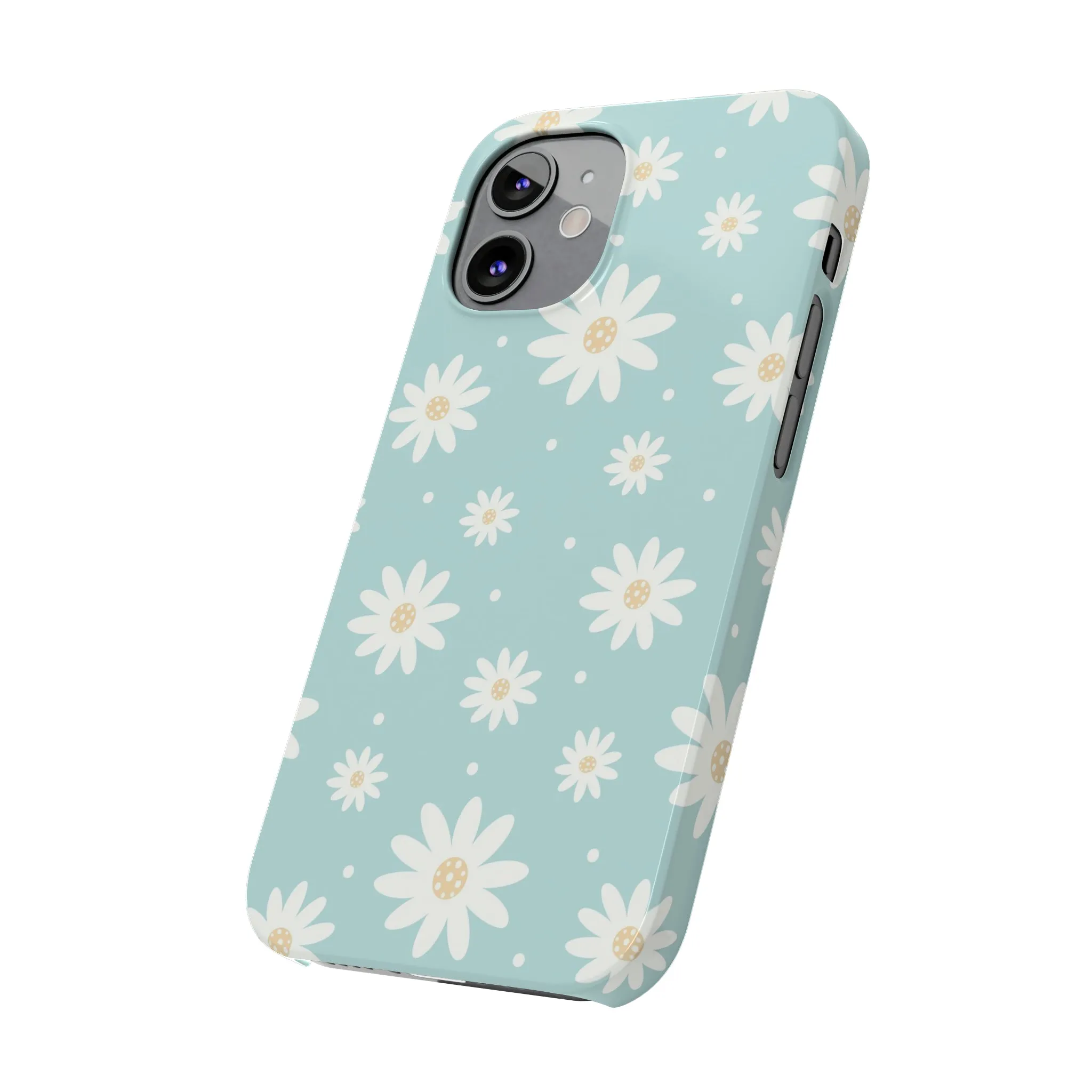 White Daisies and Blue background Design Sleek Elegance Wireless-Charging Compatible Phone Case Slim Phone Case compatible with over 20 iphone models