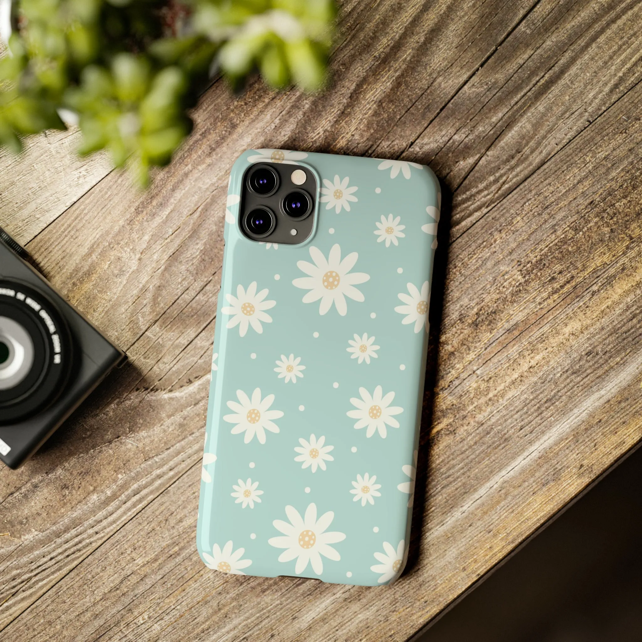 White Daisies and Blue background Design Sleek Elegance Wireless-Charging Compatible Phone Case Slim Phone Case compatible with over 20 iphone models