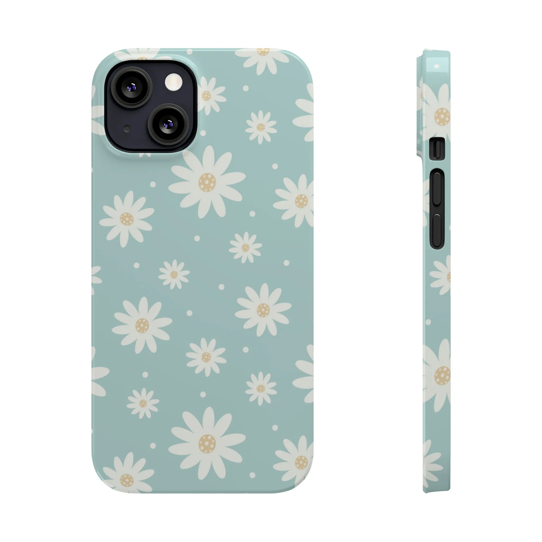 White Daisies and Blue background Design Sleek Elegance Wireless-Charging Compatible Phone Case Slim Phone Case compatible with over 20 iphone models