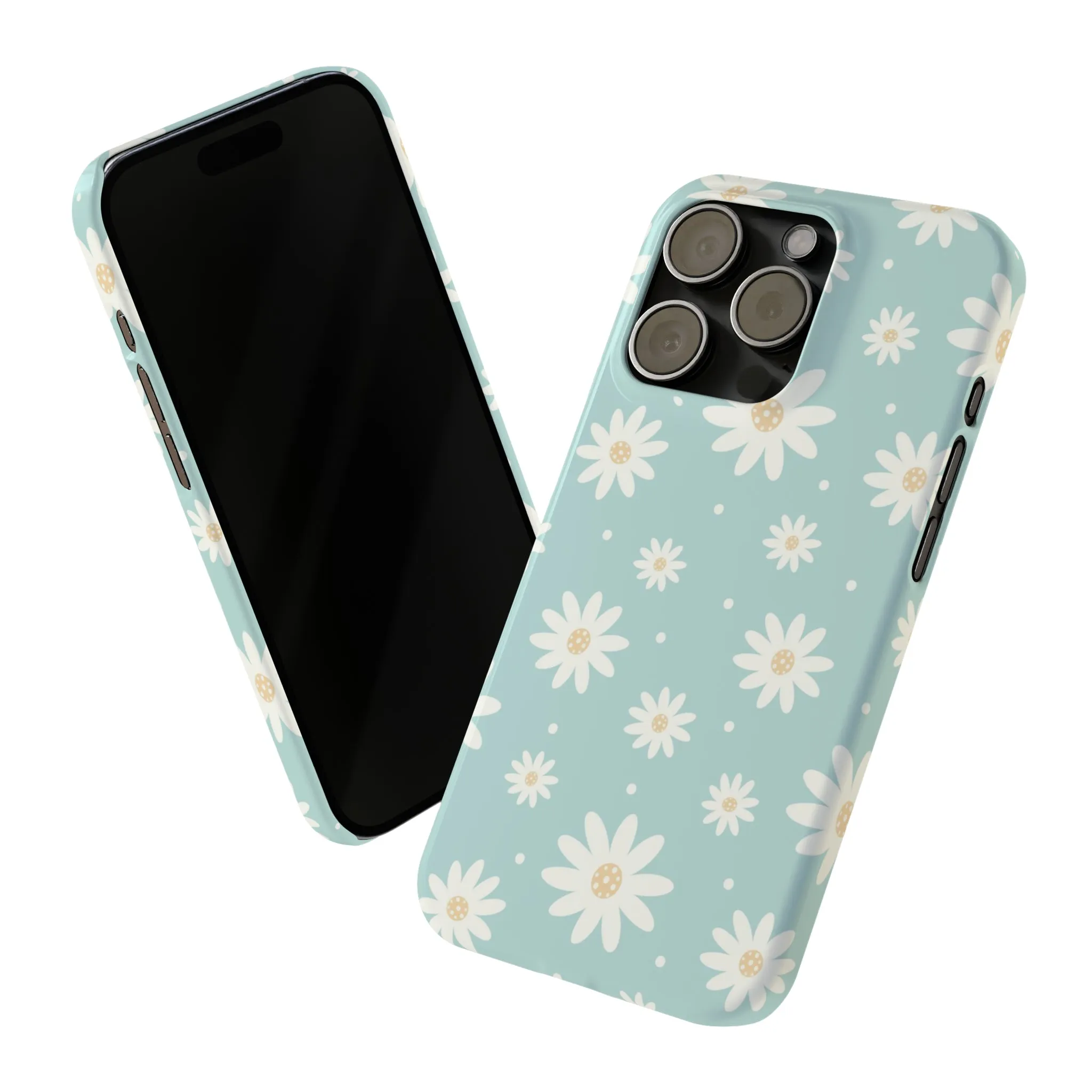 White Daisies and Blue background Design Sleek Elegance Wireless-Charging Compatible Phone Case Slim Phone Case compatible with over 20 iphone models