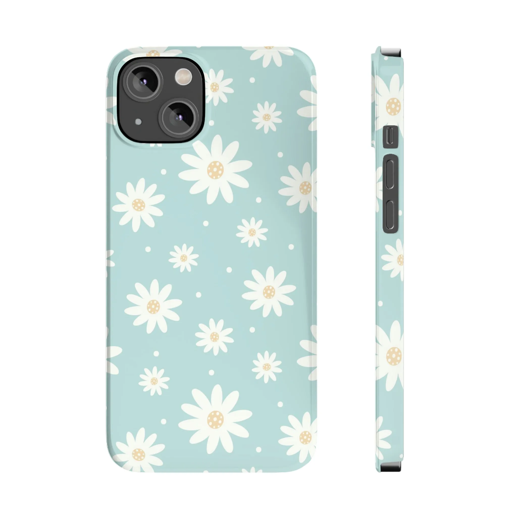 White Daisies and Blue background Design Sleek Elegance Wireless-Charging Compatible Phone Case Slim Phone Case compatible with over 20 iphone models