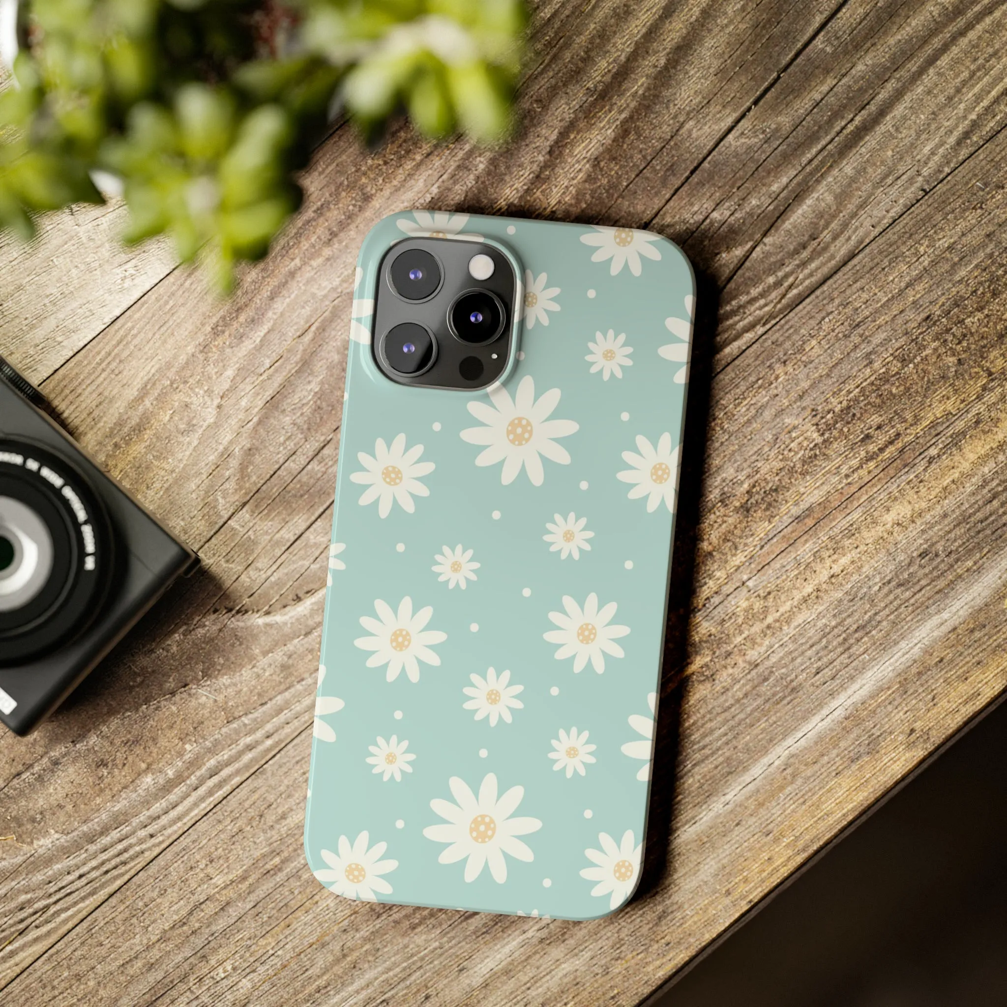 White Daisies and Blue background Design Sleek Elegance Wireless-Charging Compatible Phone Case Slim Phone Case compatible with over 20 iphone models