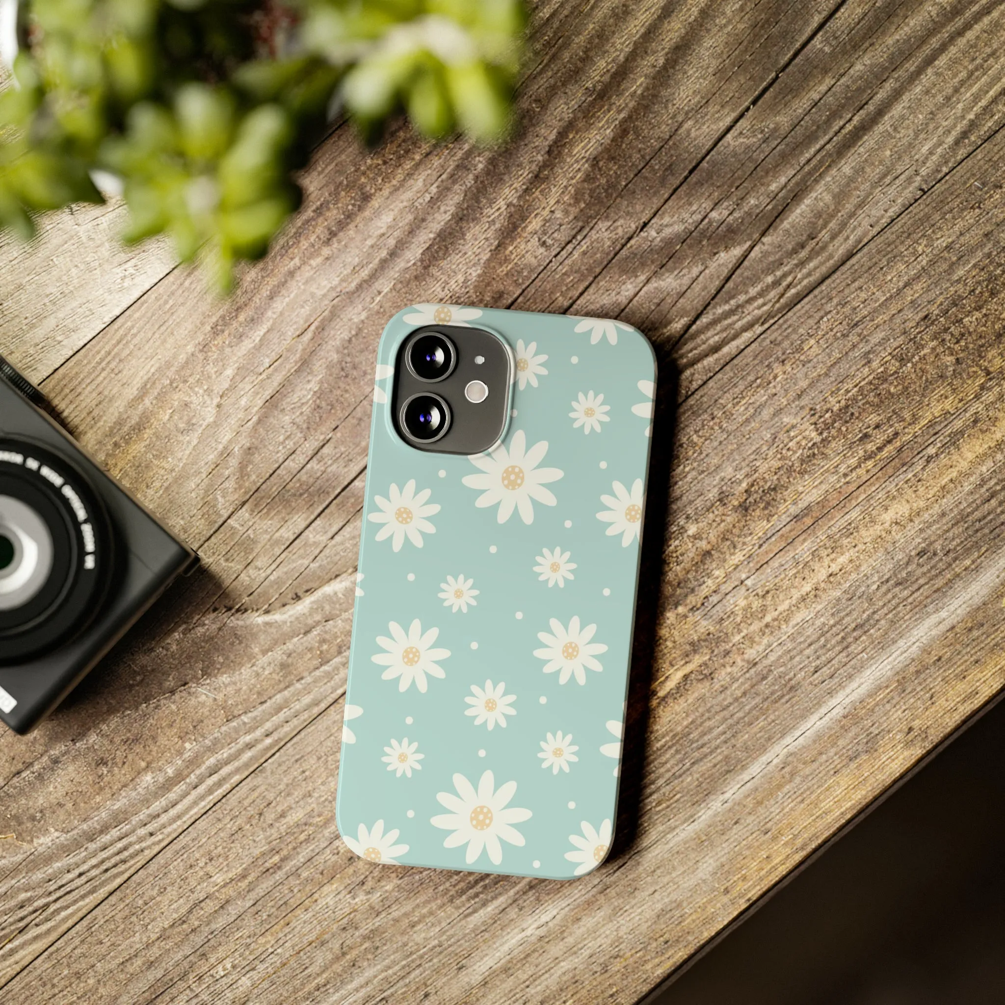 White Daisies and Blue background Design Sleek Elegance Wireless-Charging Compatible Phone Case Slim Phone Case compatible with over 20 iphone models