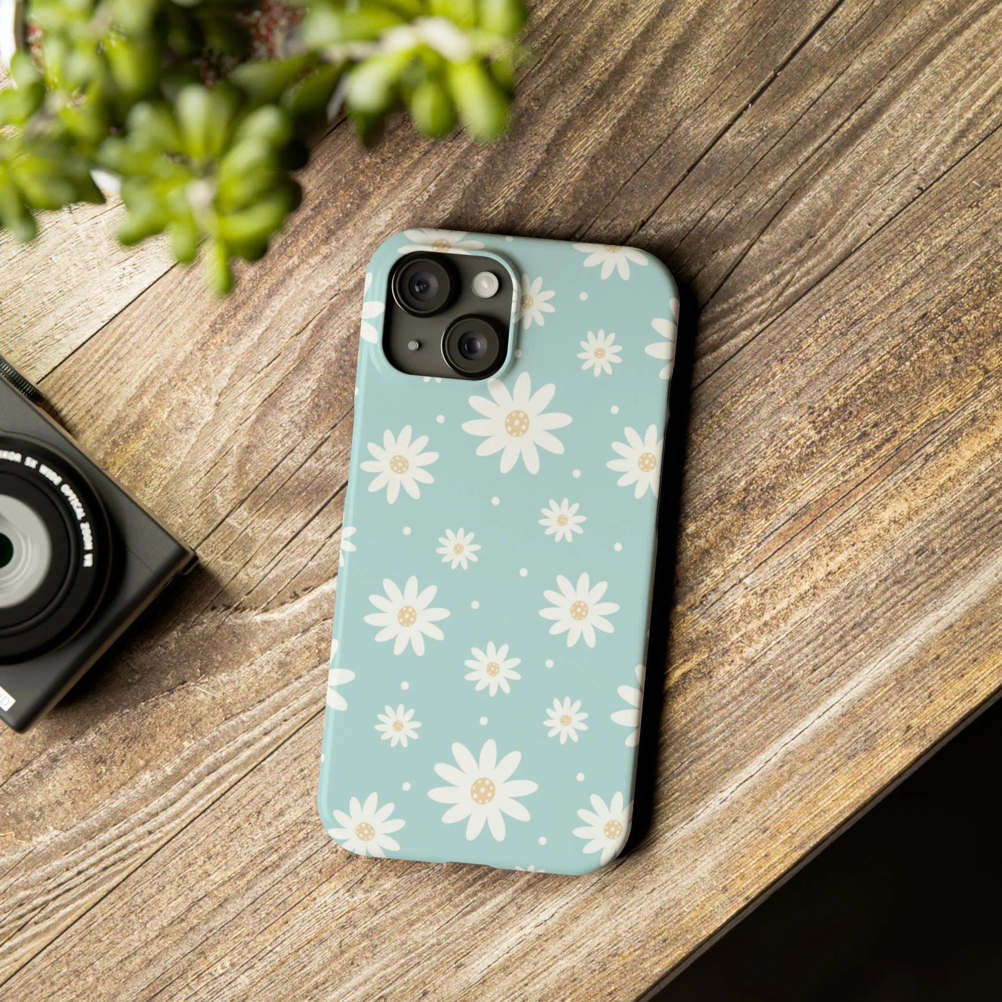 White Daisies and Blue background Design Sleek Elegance Wireless-Charging Compatible Phone Case Slim Phone Case compatible with over 20 iphone models