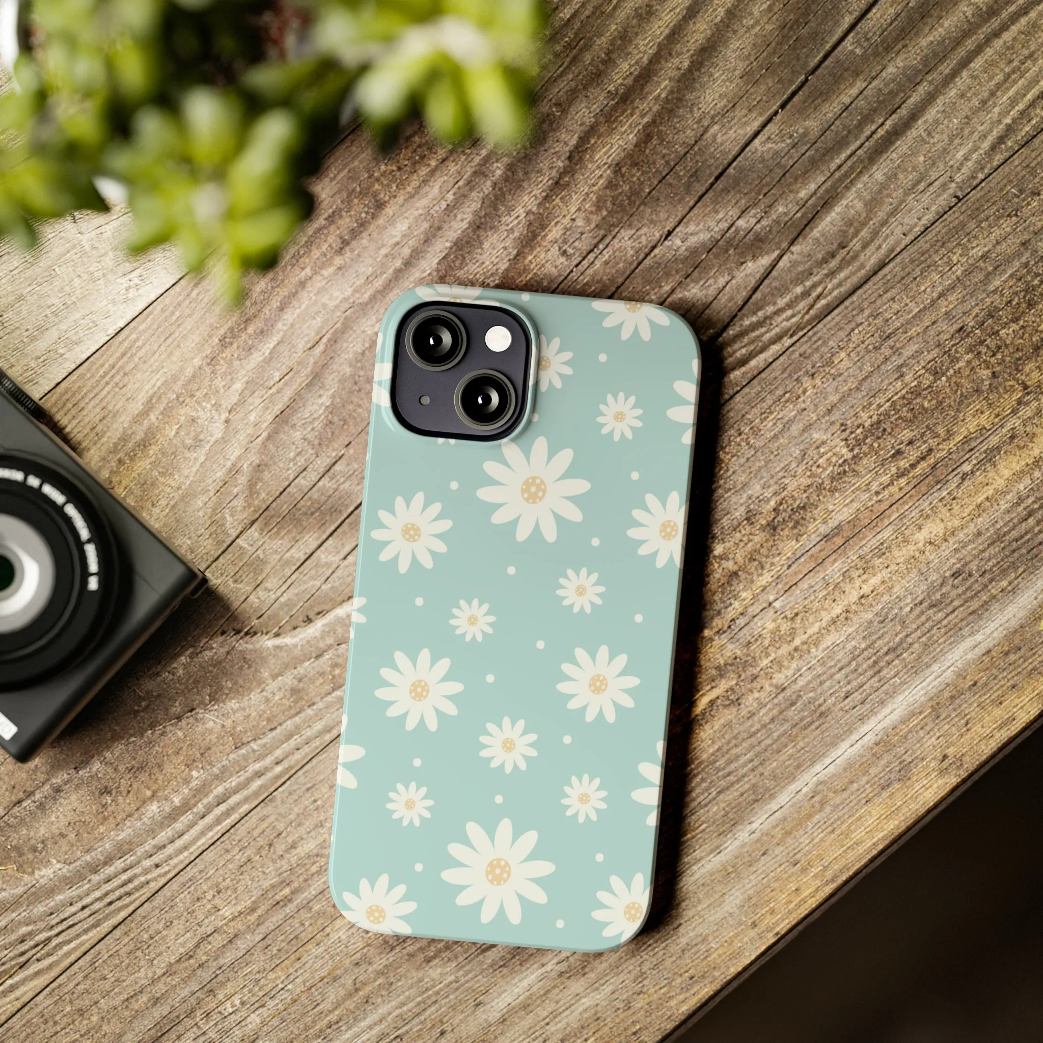 White Daisies and Blue background Design Sleek Elegance Wireless-Charging Compatible Phone Case Slim Phone Case compatible with over 20 iphone models