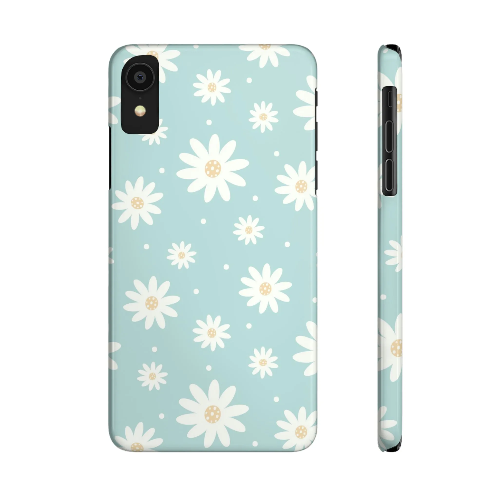 White Daisies and Blue background Design Sleek Elegance Wireless-Charging Compatible Phone Case Slim Phone Case compatible with over 20 iphone models